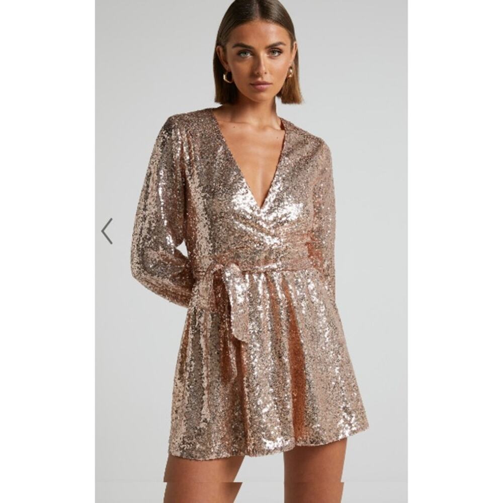 Showpo. Three of Us rose gold sequin dress